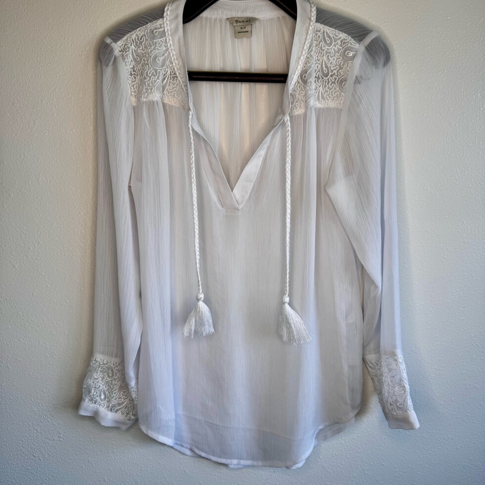Ariat White Sheer Lace with Braided Tie at V-Neck Lace Detail SZ S - Picture 10 of 15